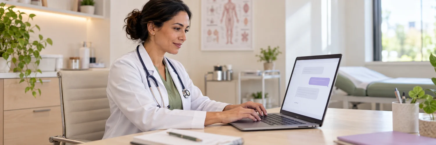 Fotografia ilustrativa de médica usando um computador